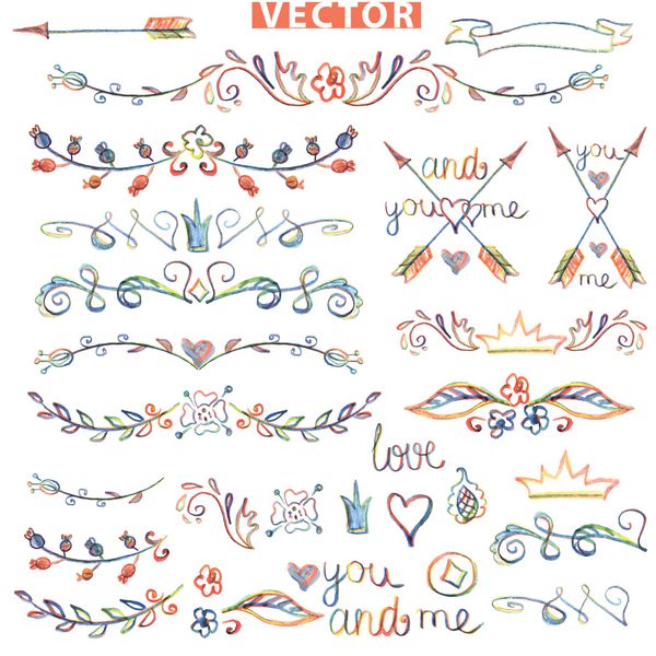 حاشیه ابله رنگی مجموعه عناصر دکور گلدار آبرنگ مداد طراحی شده برای الگوی طراحی دعوتنامه کارت برای عروسی روز تعطیلات عید پاک تولد وکتور عشق