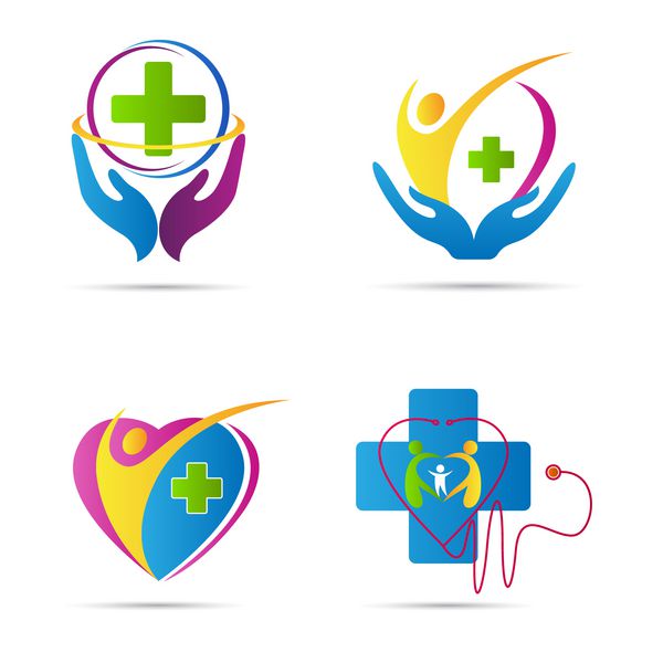 طرح وکتور آیکون های مراقبت های بهداشتی نشان دهنده آرم ها علائم و نمادهای بیمارستان است