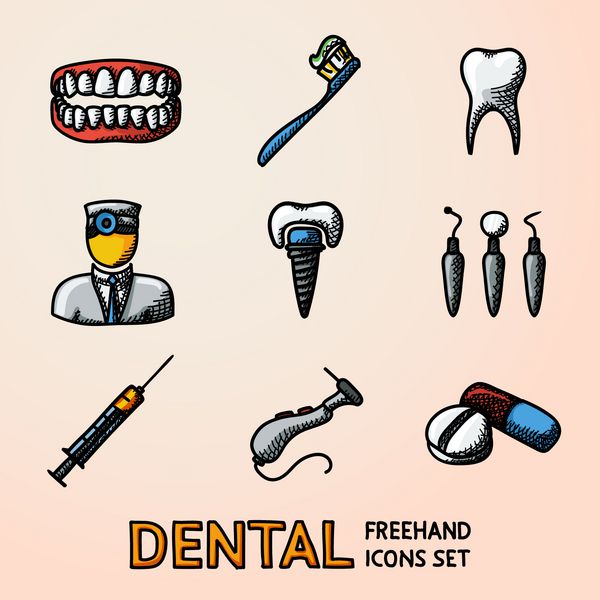 مجموعه آیکون های دستی دندانپزشکی با - دندان فک مسواک ابزار دندانپزشکی دکتر پروتز مته قرص سرنگ بردار