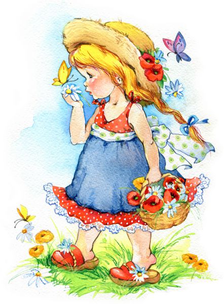 دختر بچه و علفزار پروانه و گل پس زمینه برای تبریک آبرنگ