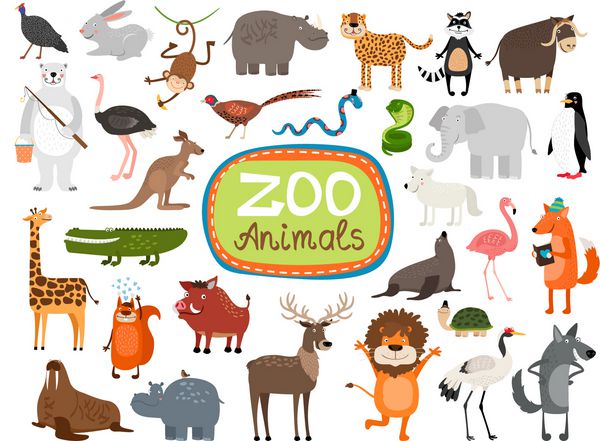 وکتور حیوانات باغ وحش بسیاری از حیوانات مختلف زرافه فیل کرگدن و میمون