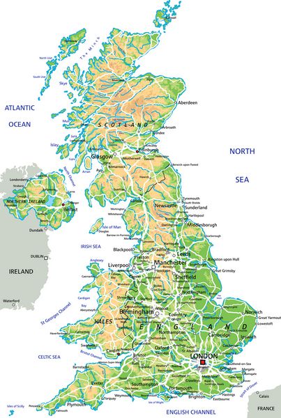 نقشه فیزیکی پادشاهی متحده با جزئیات بالا با برچسب گذاری