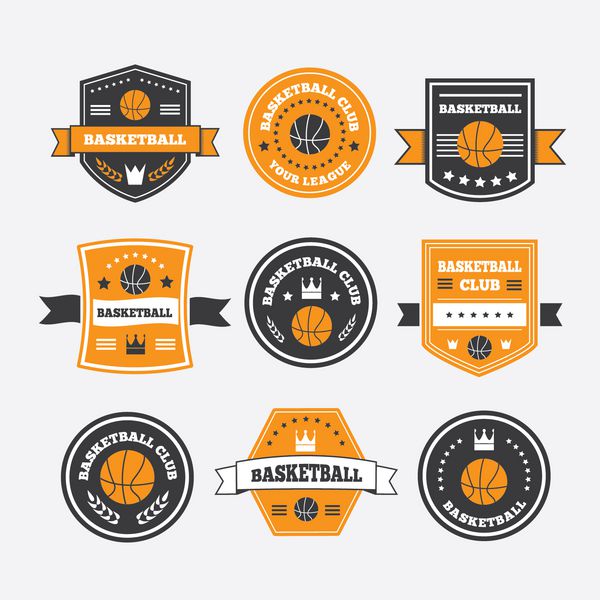 ست بسکتبال نشان‌ها برچسب‌ها و آرم‌ها یا نمادهای قدیمی با تاج گل توپ بسکتبال تاج و ستاره