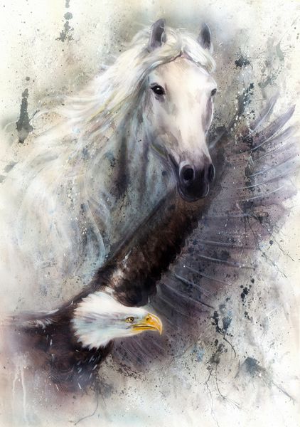نقاشی زیبا از یک اسب سفید با عقاب پرواز بر روی یک تصویر پس زمینه بافت انتزاعی تصویر تصویری پرتره تصویر