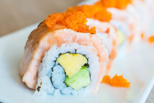 رول سوشی سالمون سبک غذای ژاپنی - نقطه تمرکز انتخابی
