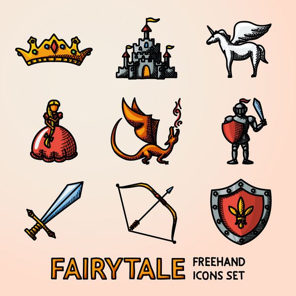 مجموعه ای از نمادهای افسانه ای بازی رنگی با - شمشیر کمان سپر شوالیه اژدها شاهزاده خانم تاج اسب شاخدار قلعه بردار