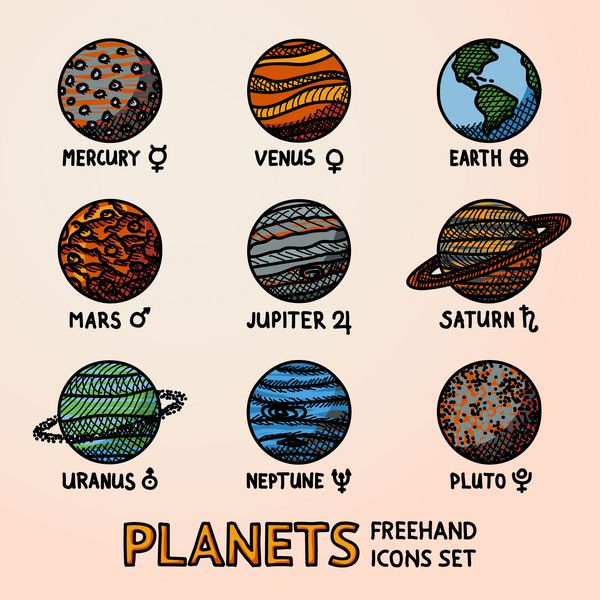 مجموعه ای از نمادهای سیاره ای رنگی با نام ها و نمادهای نجومی - جیوه زهره زمین مریخ مشتری زحل اورانوس نپتون پلوتون بردار