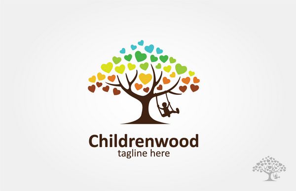 درخت عشق با کودکی که زیر درخت تاب بازی می کند این لوگو نمادی از محافظت صمیمیت آرامش رشد و مراقبت یا نگرانی برای توسعه است