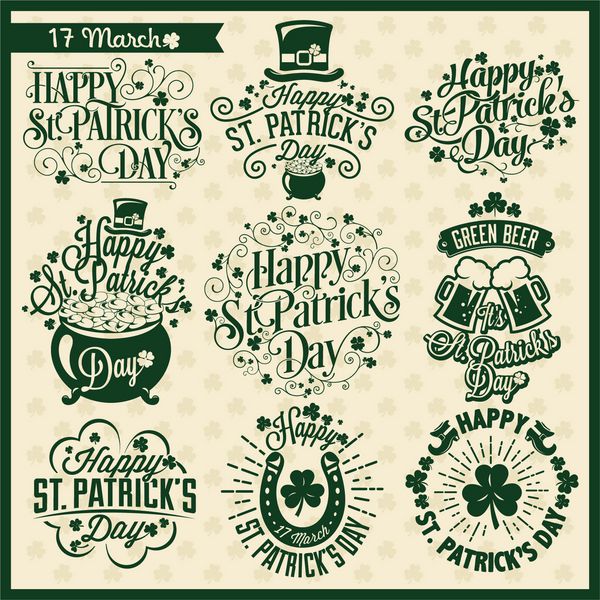 مجموعه ای از نشان های طراحی تایپوگرافی برای روز سنت پاتریک