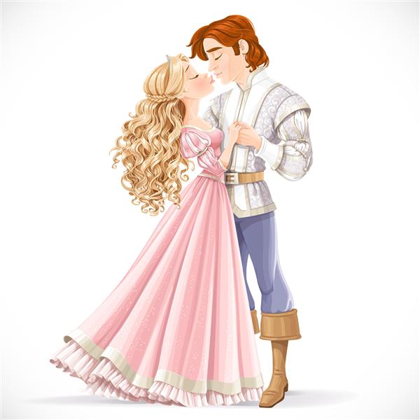 صحنه عاشقانه بوسه شاهزاده و شاهزاده خانم افسانه ای جدا شده در پس زمینه سفید
