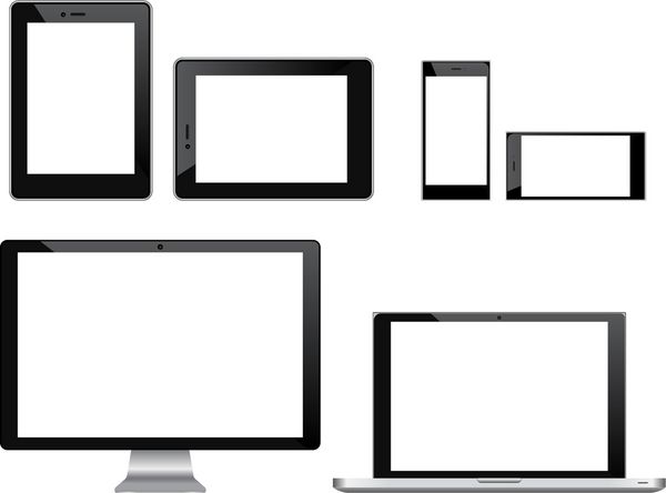 مجموعه ای از تصاویر با کیفیت بالا از دستگاه های فن آوری مدرن - مانیتور کامپیوتر لپ تاپ تبلت دیجیتال و تلفن همراه با صفحه نمایش خالی جدا شده در زمینه سفید