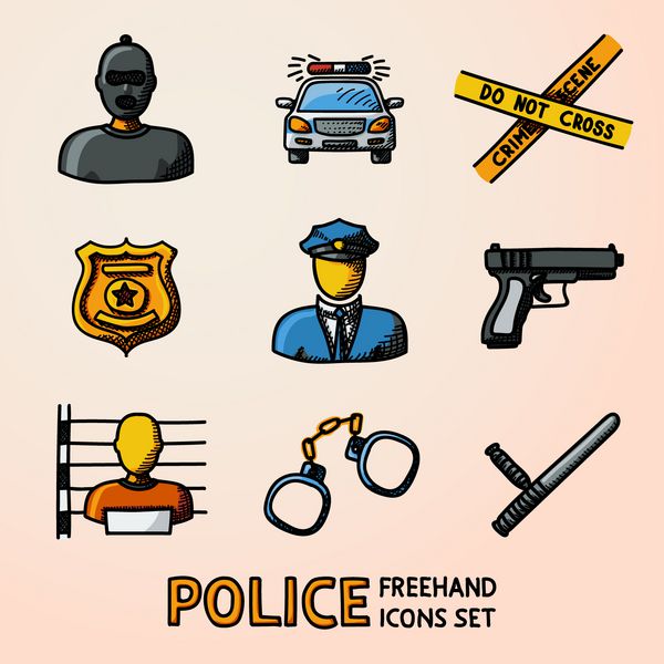 مجموعه ای از نمادهای پلیسی که با دست کشیده شده اند - اسلحه ماشین نوار صحنه جرم نشان مردان پلیس دزد دزد در زندان دستبند باشگاه پلیس بردار