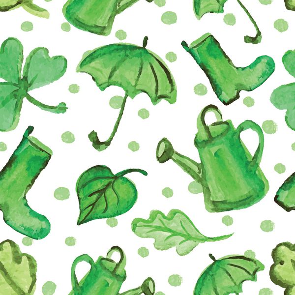 کلمات بهار با برگ های آبرنگ چکمه های لاستیکی چتر بدون درز برای پس زمینه پارچه کاغذ دیواری پس زمینه فصلی طبیعت وکتور ارگانیک رنگ های سبز