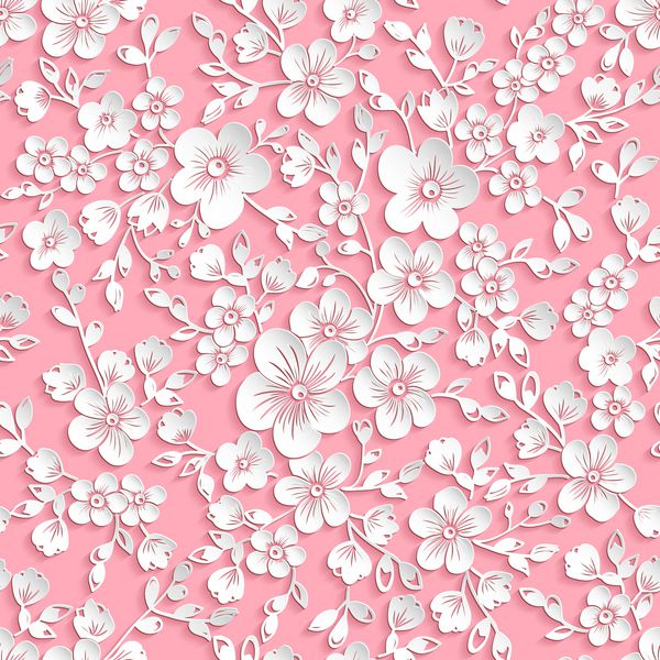 وکتور عنصر الگوی بدون درز گل ساکورا بافت زیبا برای پس زمینه عناصر سه بعدی با سایه ها و هایلایت ها برش کاغذ شکوفه گیلاس
