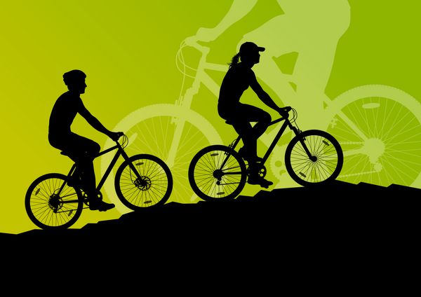 زن و مرد فعال زن و شوهر دوچرخه سوار خانواده دوچرخه سوار در وکتور تصویر پس زمینه منظره