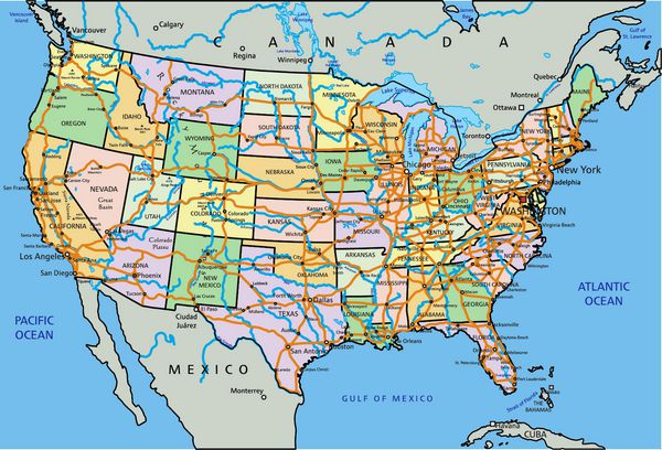 ایالات متحده آمریکا - نقشه سیاسی قابل ویرایش بسیار دقیق با برچسب