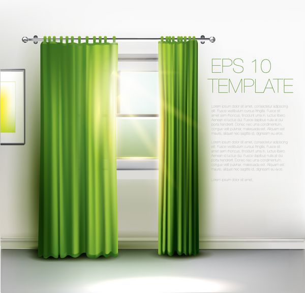 پنجره ای با پرتوهای درخشان خورشید با پرده های سبز شفاف قالب وکتور قابل ویرایش