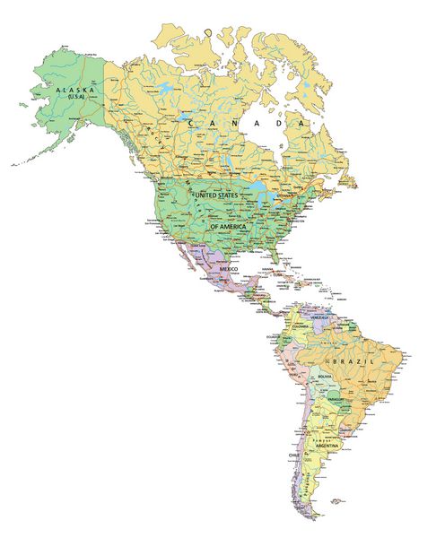 americas - نقشه سیاسی قابل ویرایش بسیار دقیق با برچسب