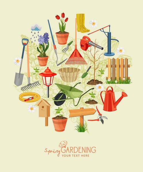 باغبانی بهاری مجموعه آیکون باغ پوستر قدیمی