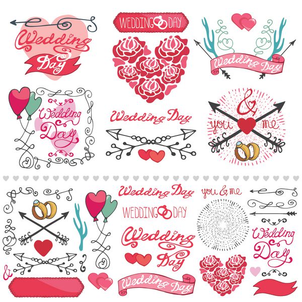 روز عروسی عشق مجموعه عناصر دکور رمانتیک روبان چرخش فلش عنوان لوگو نشان کارت وکتور نقاشی با دست ابله سازنده دعوت نامه رترو