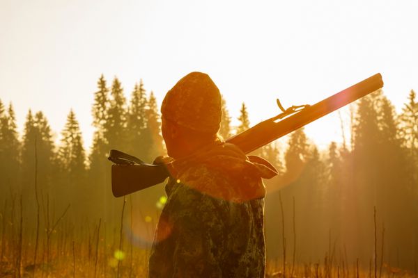 تصویر یک شکارچی با تفنگ در غروب زیبا