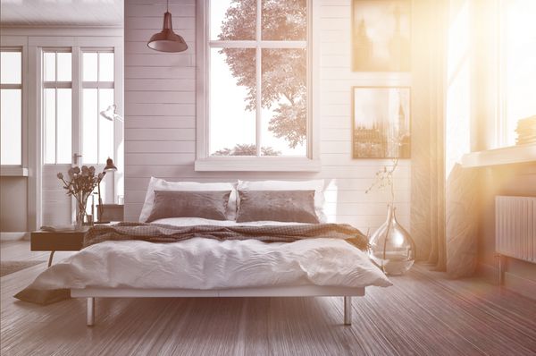 اتاق خواب مجلل و مجلل و مجلل با نور خورشید درخشان و گرم که از یکی از چندین پنجره با دکوراسیون مدرن خاکستری و سفید و یک تخت دیوانه دو نفره به داخل می‌چرخد رندر سه بعدی