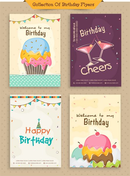 مجموعه ای از کارت های دعوت تولد تزئین شده با کیک های رنگارنگ و بند