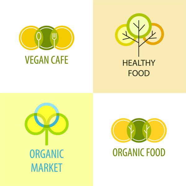 مجموعه ای از لوگوهای وکتور برای فروشگاه گیاهی کافه محصولات سازگار با محیط زیست برای یک رژیم غذایی سالم