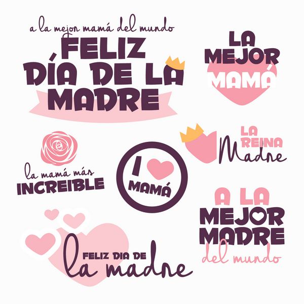 روز مادر مبارک مجموعه ای از نشان ها آرم برچسب ها علائم و نمادها به زبان اسپانیایی نوشته شده است