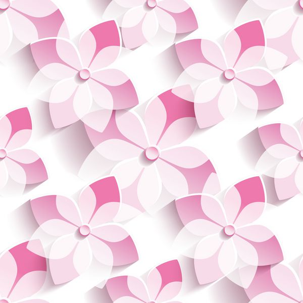 الگوی بدون درز مدرن و زیبا با شکوفه ساکورا صورتی سه بعدی درخت گیلاس ژاپنی پس زمینه بدون درز مرسوم مد روز گل کاغذ دیواری بهاری با گل های سبک روی سفید وکتور