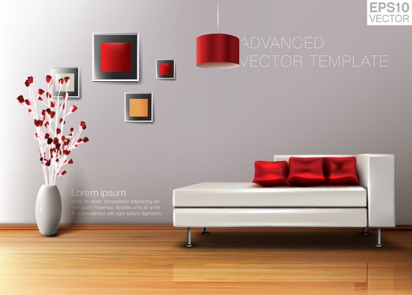 اتاق نشیمن مدرن با مبل چرمی سفید و بالش های قرمز قالب وکتور با کیفیت بالا
