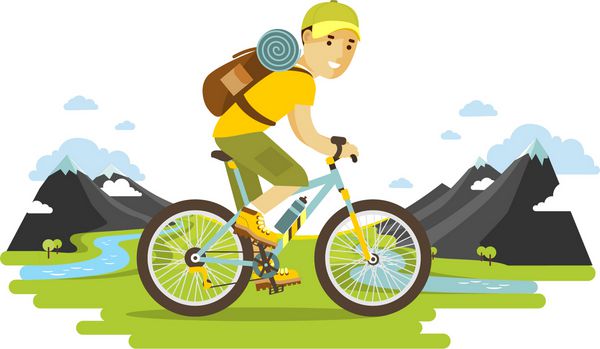 مسافر دوچرخه سوار با کوله پشتی دوچرخه سواری در پس زمینه کوه به سبک مسطح