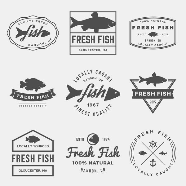 مجموعه ای از برچسب های ماهی تازه نشان ها و عناصر طراحی
