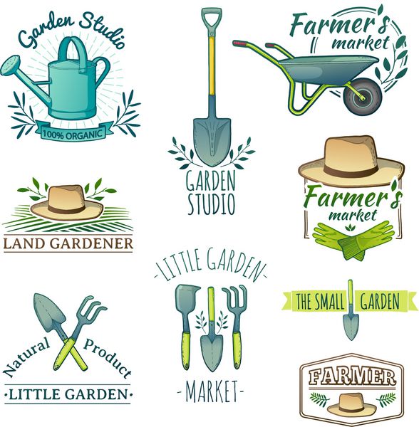 مجموعه ای از لوگوهای قدیمی رنگی قدیمی نشان ها نشان ها برچسب ها instints باغ فروشگاه مزرعه باغ ارگانیک بردار