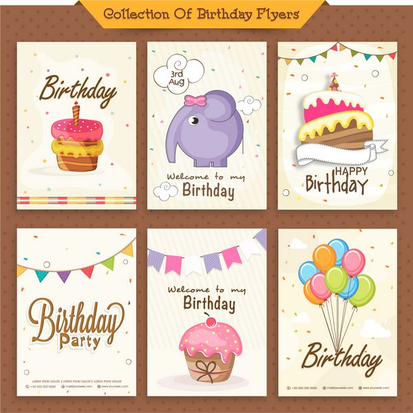 مجموعه ای از شش کارت دعوت تولد با تزئین کیک شیرین بادکنک های رنگارنگ و فیل کارتونی