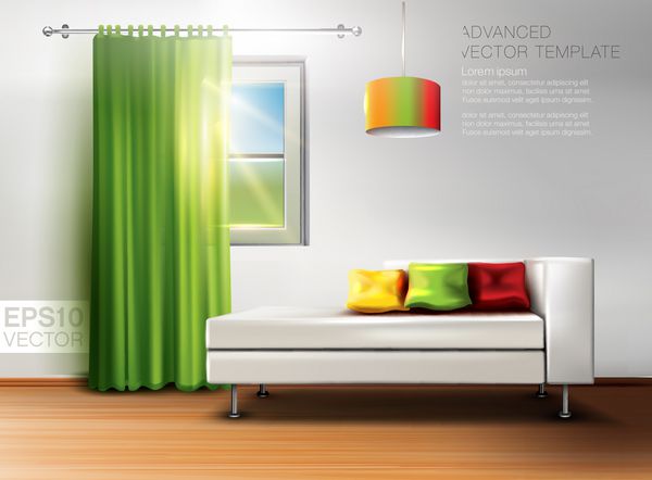 پرده های سبز براق اتاق شیرین و مبل چرمی با بالش های رنگارنگ گرافیک وکتور با کیفیت بالا