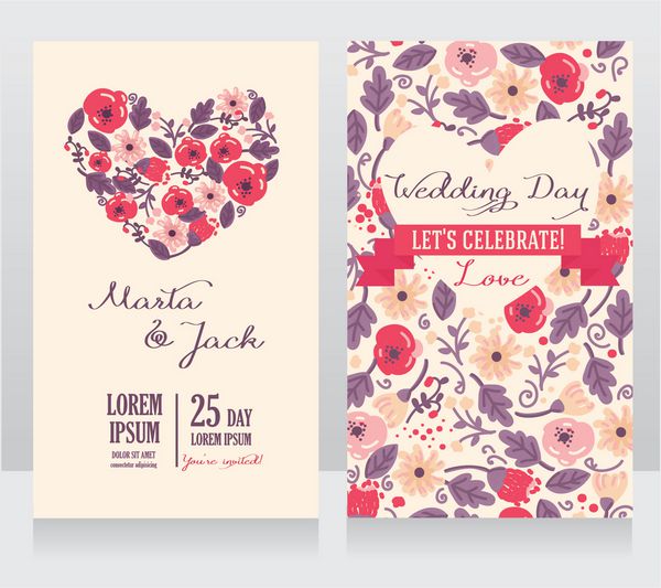 کارت عروسی با گل های قلبی سبک بوهو وکتور