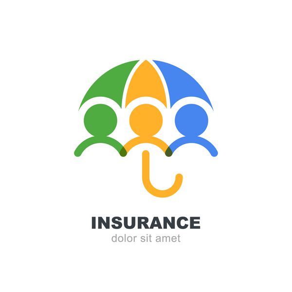 افراد انتزاعی زیر چتر چند رنگ جدا شده در پس زمینه سفید قالب طراحی لوگو وکتور مفهوم بیمه ایمن سلامت ایمنی و حفاظت