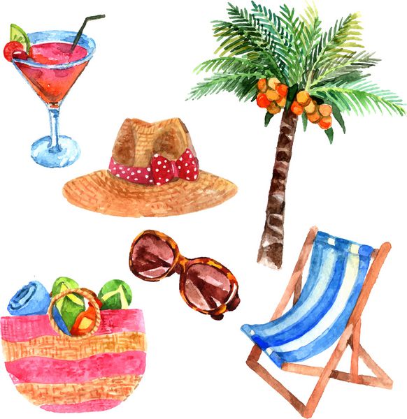 نمادهای آبرنگ سفر تعطیلات جزیره گرمسیری با تصویر جدا شده از وکتور انتزاعی نخل نارگیل و کلاه آفتابی
