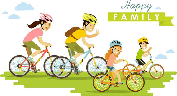 دوچرخه سواری خانواده شاد جدا شده در پس زمینه سفید به سبک مسطح