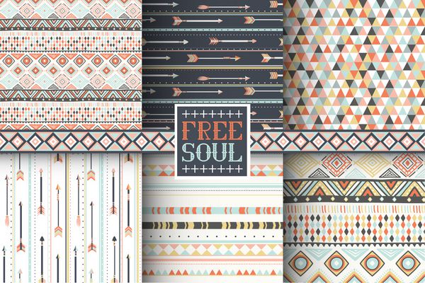 مجموعه ای از 6 الگوی بدون درز قومی پس زمینه هندسی قبیله ای پارچه مد روز شیک کاغذ دیواری انتزاعی مدرن وکتور