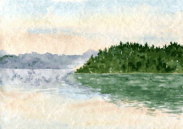 وکتور انتزاعی منظره آبرنگ با دریاچه و جنگل صنوبر آسمان صبح و منعکس شده در آب تصاویر کشیده شده با دست پس زمینه طبیعت