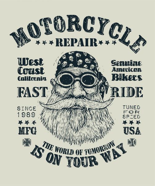 سواری سریع تعمیر موتورسیکلت طرح رترو برای چاپ پوستر یا تی شرت با دوچرخه سوار ریشو در عینک آفتابی موتور سیکلت باندانا و فونت های قدیمی وکتور افکت گرانج در لایه جداگانه