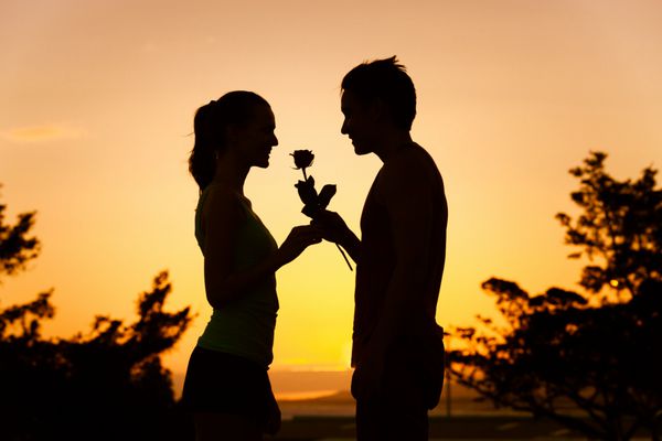 مردی که به زن گل رز می دهد مفاهیم عاشقانه و دوستیابی