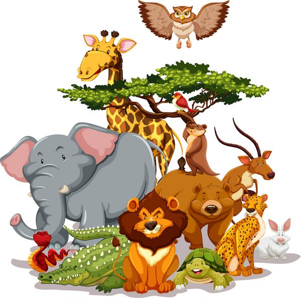 گروهی از حیوانات وحشی که در کنار درختی جمع شده اند