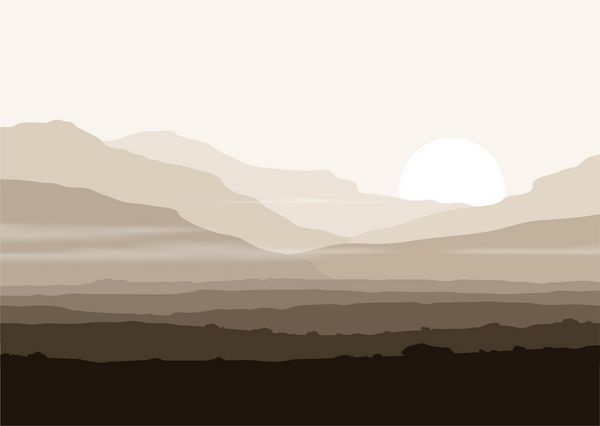 منظره بی جان با کوه های بزرگ بر فراز خورشید وکتور پانوراما