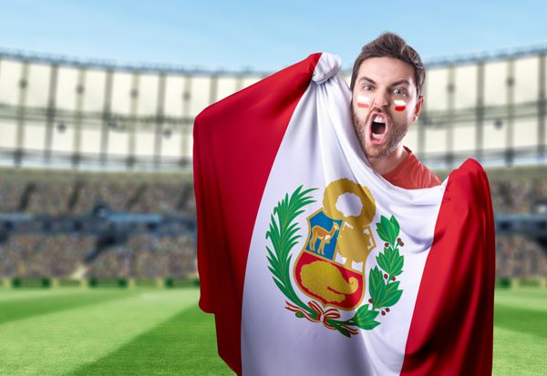 هواداری که پرچم پرو را در ورزشگاه در دست دارد