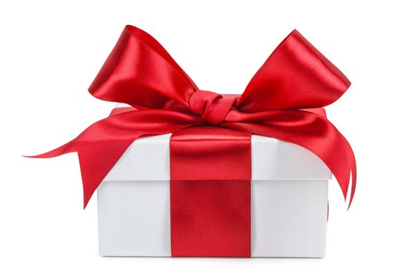 جعبه هدیه سفید با روبان قرمز و پاپیون جدا شده