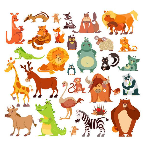 مجموعه ای عالی از حیوانات کارتونی پرندگان از سراسر جهان حیوانات آفریقایی حیوانات جنگل به عنوان نشانه نمادها عناصر طراحی تصاویر وکتور جدا شده در پس زمینه سفید آموزش طراحی کودک