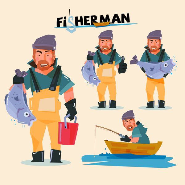 ماهیگیر در اقدامات مختلف طراحی شخصیت - وکتور
